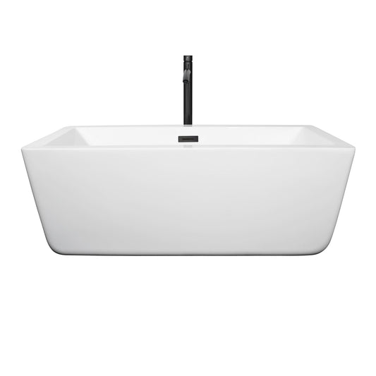 Wyndham Collection Laura 59" Freestanding Bathtub in White With Floor Mounted Faucet, Drain and Overflow Trim in Matte Black