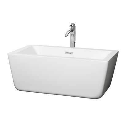 Wyndham Collection Laura 59" Freestanding Bathtub in White With Floor Mounted Faucet, Drain and Overflow Trim in Polished Chrome