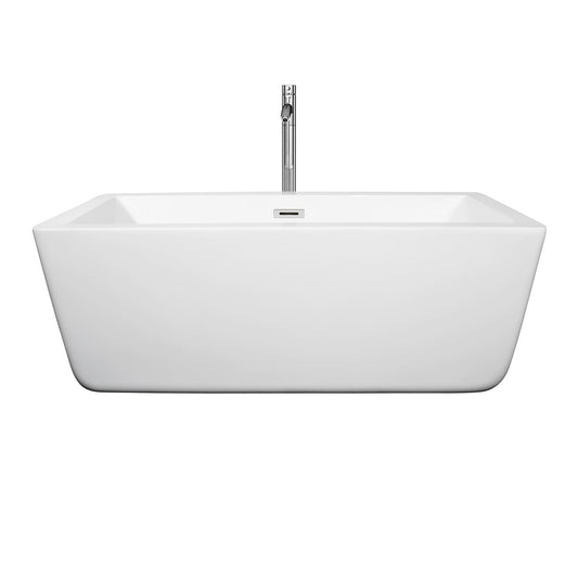 Wyndham Collection Laura 59" Freestanding Bathtub in White With Floor Mounted Faucet, Drain and Overflow Trim in Polished Chrome