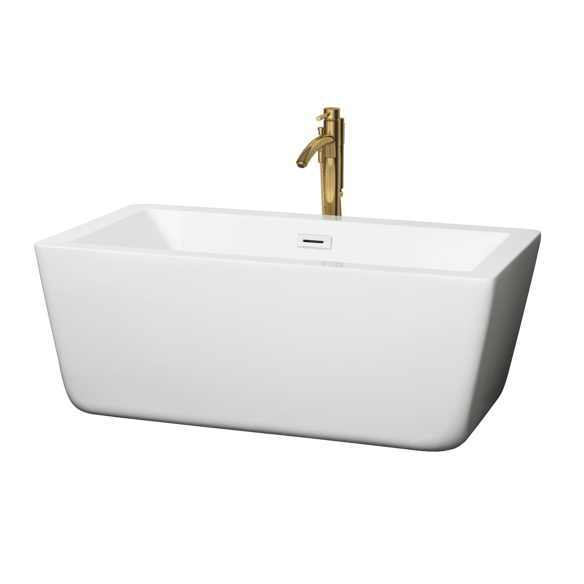 Wyndham Collection Laura 59" Freestanding Bathtub in White With Shiny White Trim and Floor Mounted Faucet in Brushed Gold