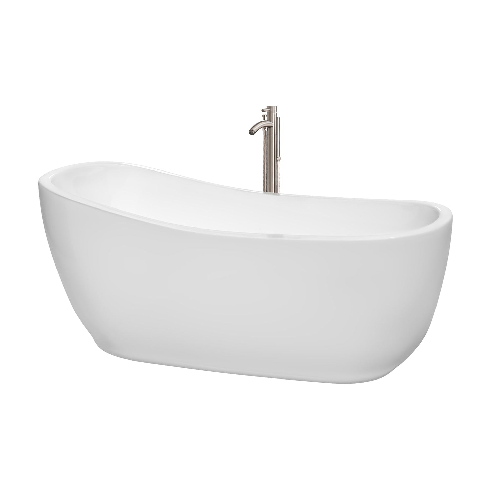 Wyndham Collection Margaret 66" Freestanding Bathtub in White With Floor Mounted Faucet, Drain and Overflow Trim in Brushed Nickel