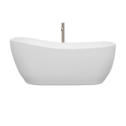 Wyndham Collection Margaret 66" Freestanding Bathtub in White With Floor Mounted Faucet, Drain and Overflow Trim in Brushed Nickel