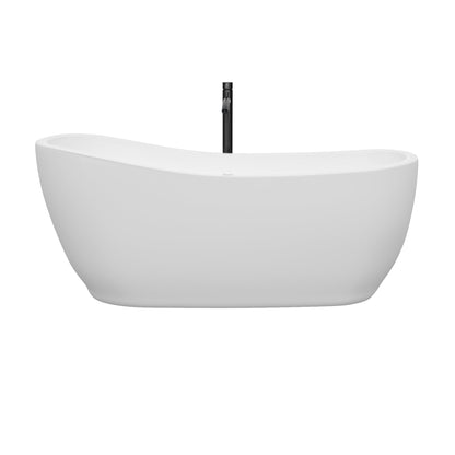 Wyndham Collection Margaret 66" Freestanding Bathtub in White With Floor Mounted Faucet, Drain and Overflow Trim in Matte Black