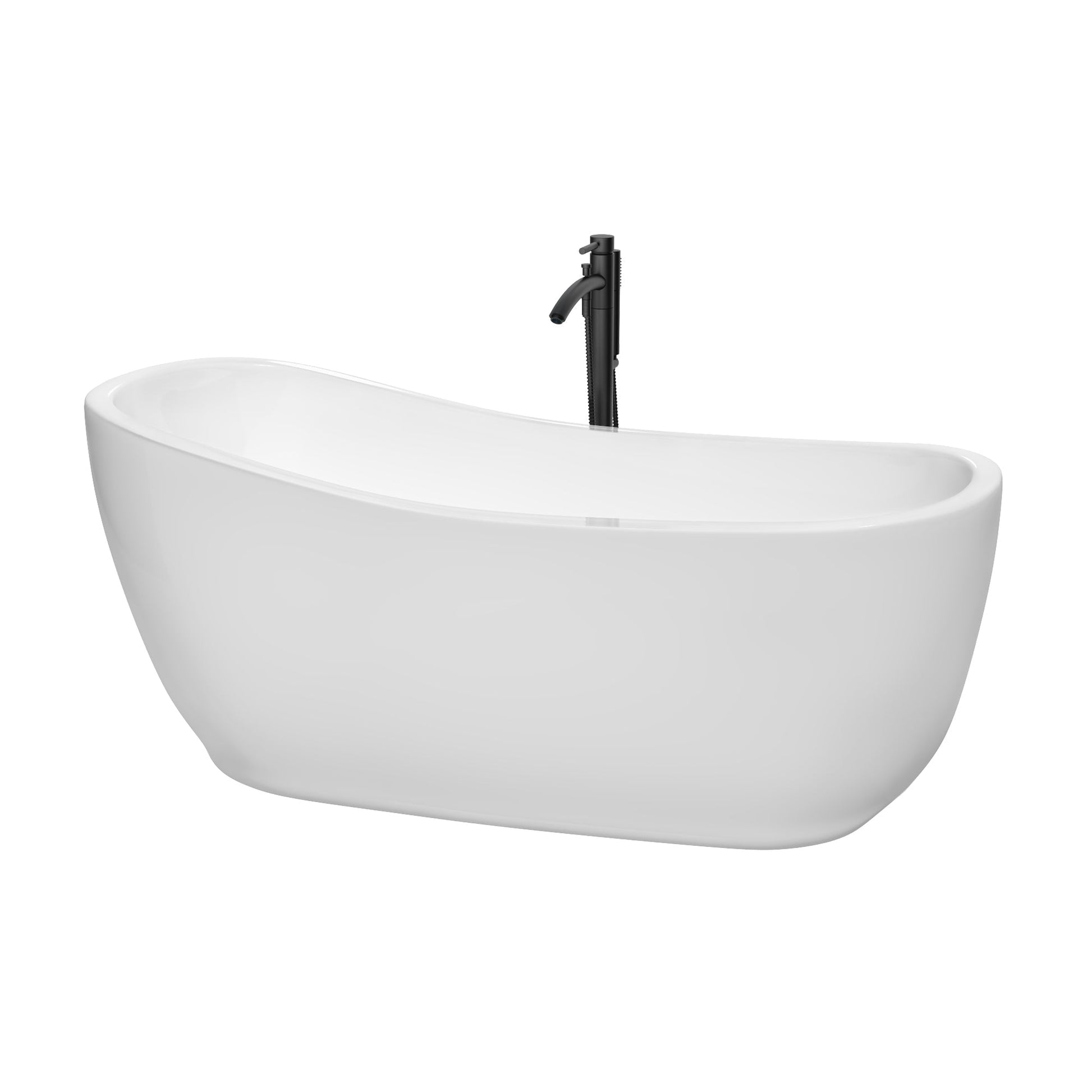 Wyndham Collection Margaret 66" Freestanding Bathtub in White With Floor Mounted Faucet, Drain and Overflow Trim in Matte Black