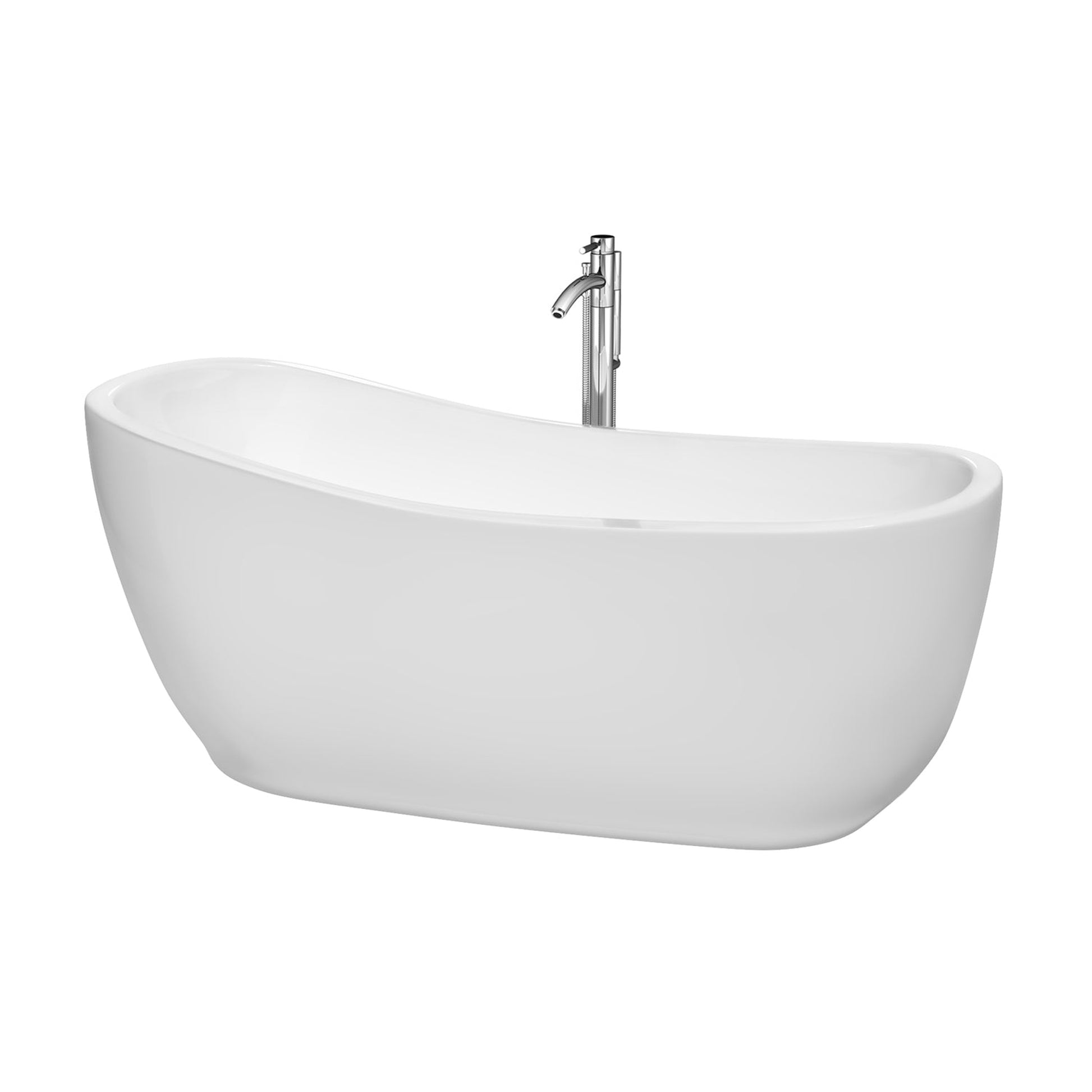 Wyndham Collection Margaret 66" Freestanding Bathtub in White With Floor Mounted Faucet, Drain and Overflow Trim in Polished Chrome