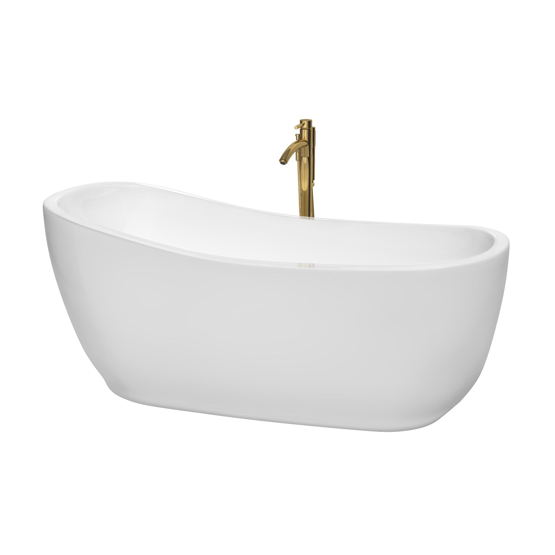 Wyndham Collection Margaret 66" Freestanding Bathtub in White With Polished Chrome Trim and Floor Mounted Faucet in Brushed Gold