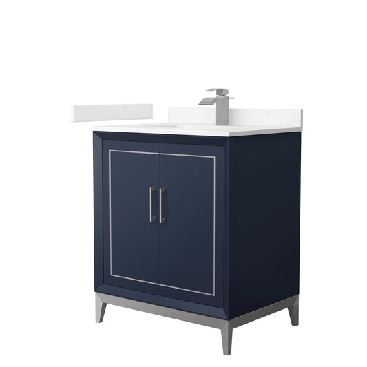 Wyndham Collection Marlena 30" Single Bathroom Vanity in Dark Blue, Carrara Cultured Marble Countertop, Undermount Square Sink, Brushed Nickel Trim