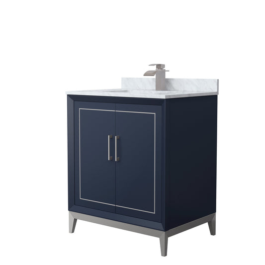 Wyndham Collection Marlena 30" Single Bathroom Vanity in Dark Blue, White Carrara Marble Countertop, Undermount Square Sink, Brushed Nickel Trim
