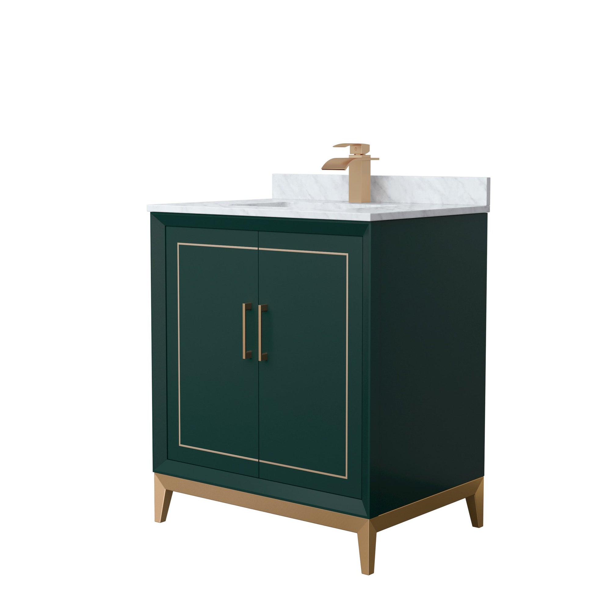 Wyndham Collection Marlena 30" Single Bathroom Vanity in Green, White Carrara Marble Countertop, Undermount Square Sink, Satin Bronze Trim