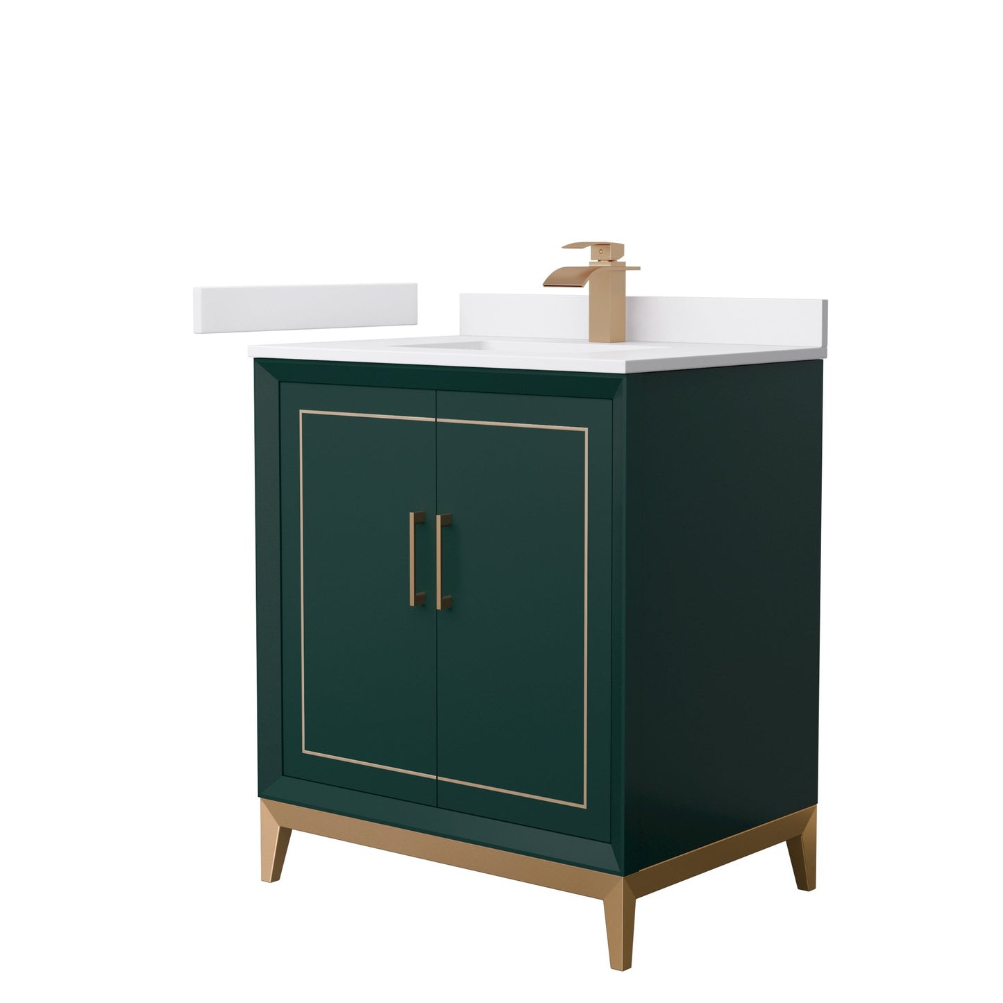 Wyndham Collection Marlena 30" Single Bathroom Vanity in Green, White Cultured Marble Countertop, Undermount Square Sink, Satin Bronze Trim