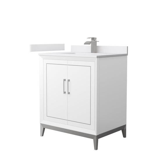 Wyndham Collection Marlena 30" Single Bathroom Vanity in White, White Cultured Marble Countertop, Undermount Square Sink, Brushed Nickel Trim