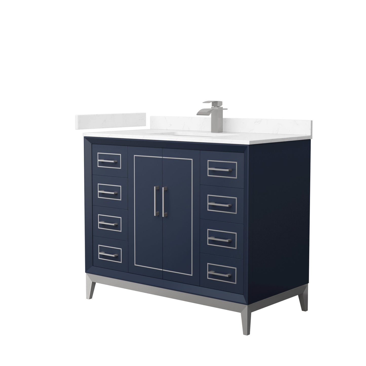 Wyndham Collection Marlena 42" Single Bathroom Vanity in Dark Blue, Carrara Cultured Marble Countertop, Undermount Square Sink, Brushed Nickel Trim