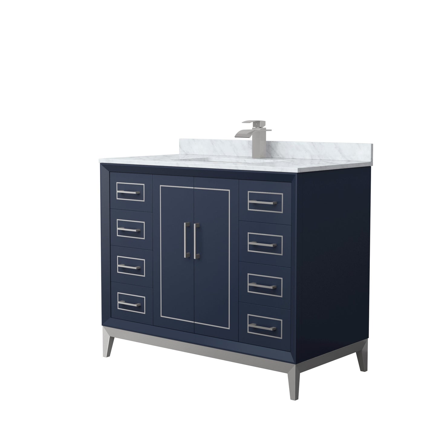 Wyndham Collection Marlena 42" Single Bathroom Vanity in Dark Blue, White Carrara Marble Countertop, Undermount Square Sink, Brushed Nickel Trim