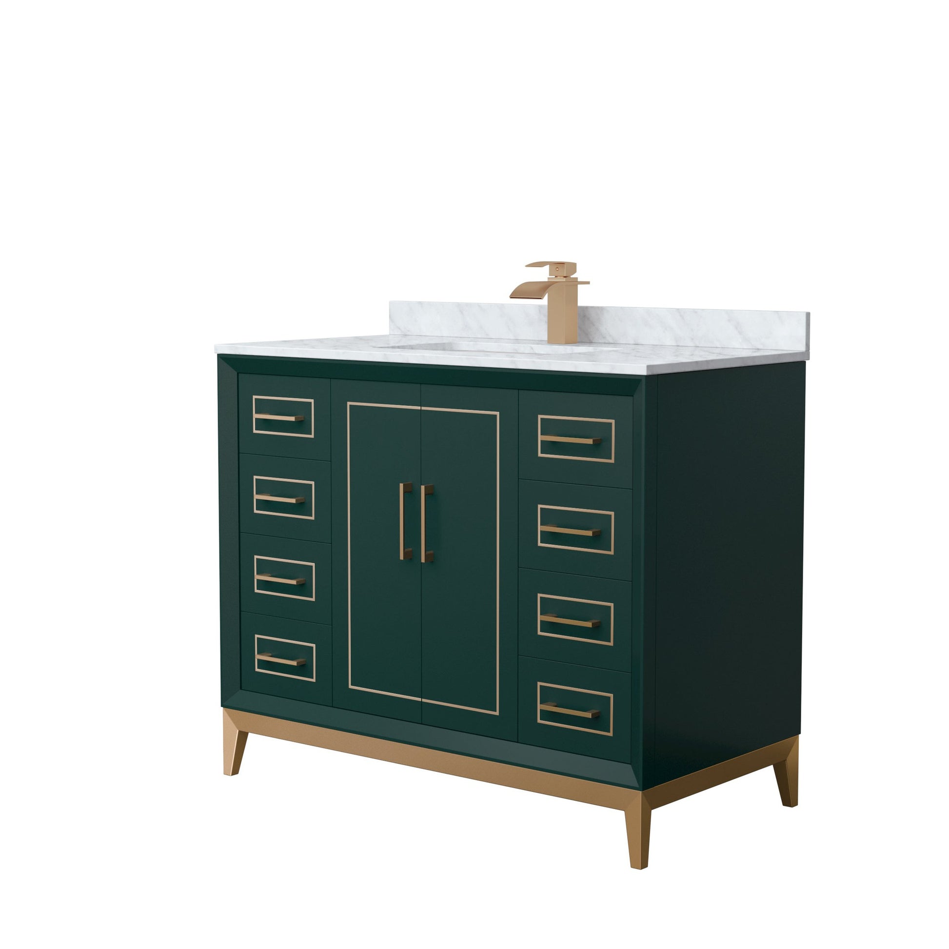 Wyndham Collection Marlena 42" Single Bathroom Vanity in Green, White Carrara Marble Countertop, Undermount Square Sink, Satin Bronze Trim