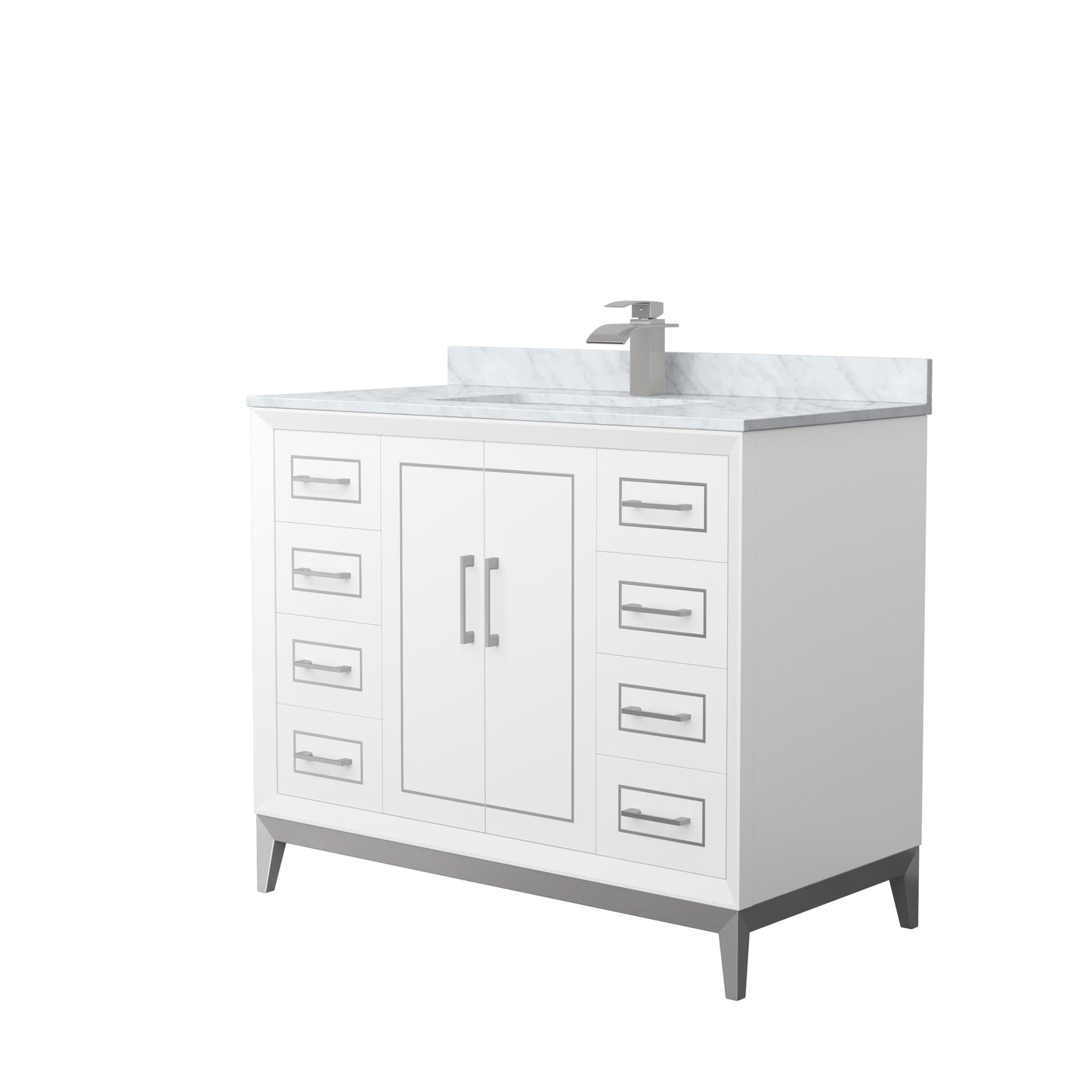 Wyndham Collection Marlena 42" Single Bathroom Vanity in White, White Carrara Marble Countertop, Undermount Square Sink, Brushed Nickel Trim