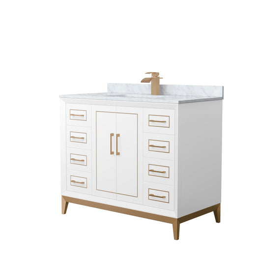 Wyndham Collection Marlena 42" Single Bathroom Vanity in White, White Carrara Marble Countertop, Undermount Square Sink, Satin Bronze Trim