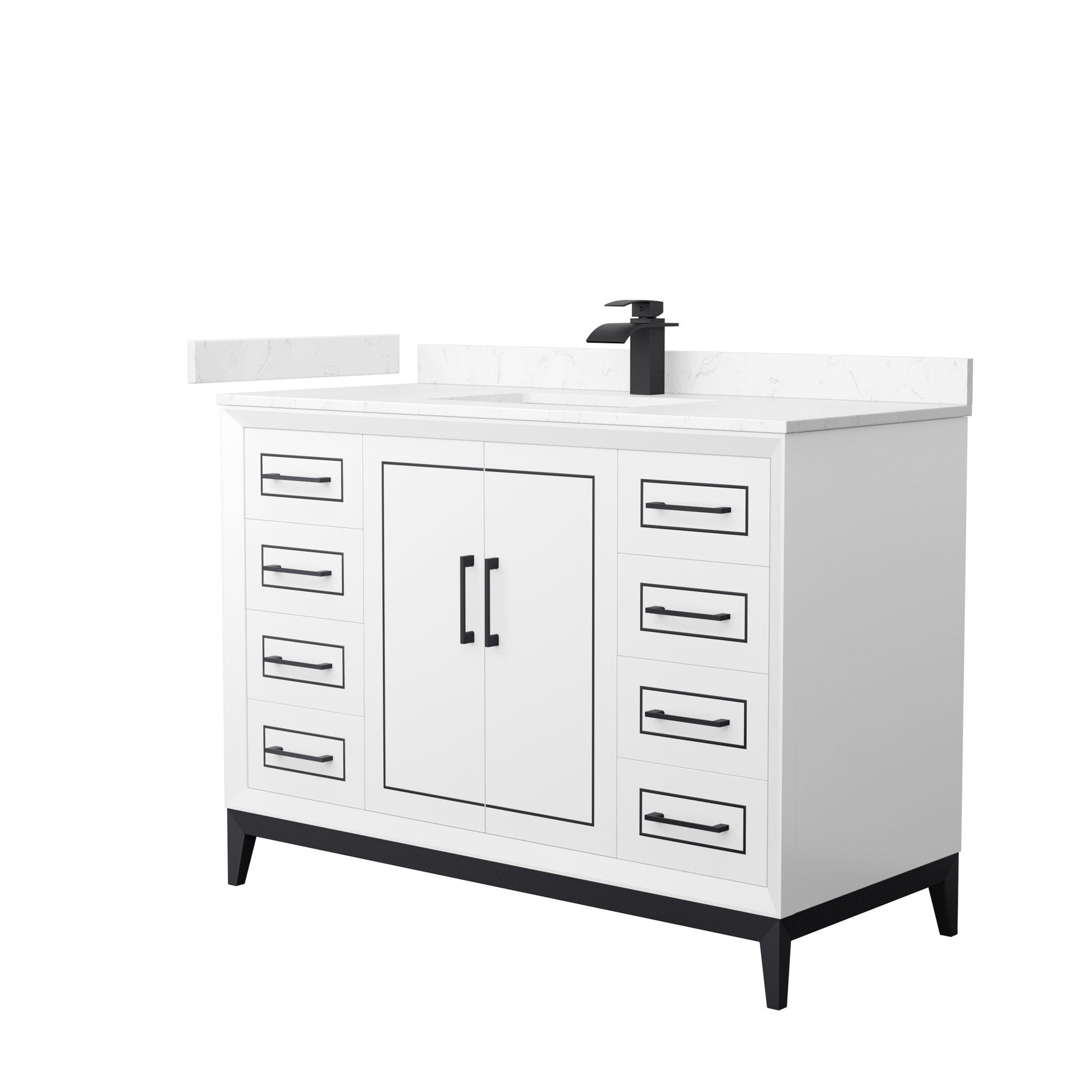 Wyndham Collection Marlena 48" Single Bathroom Vanity in White, Carrara Cultured Marble Countertop, Undermount Square Sink, Matte Black Trim