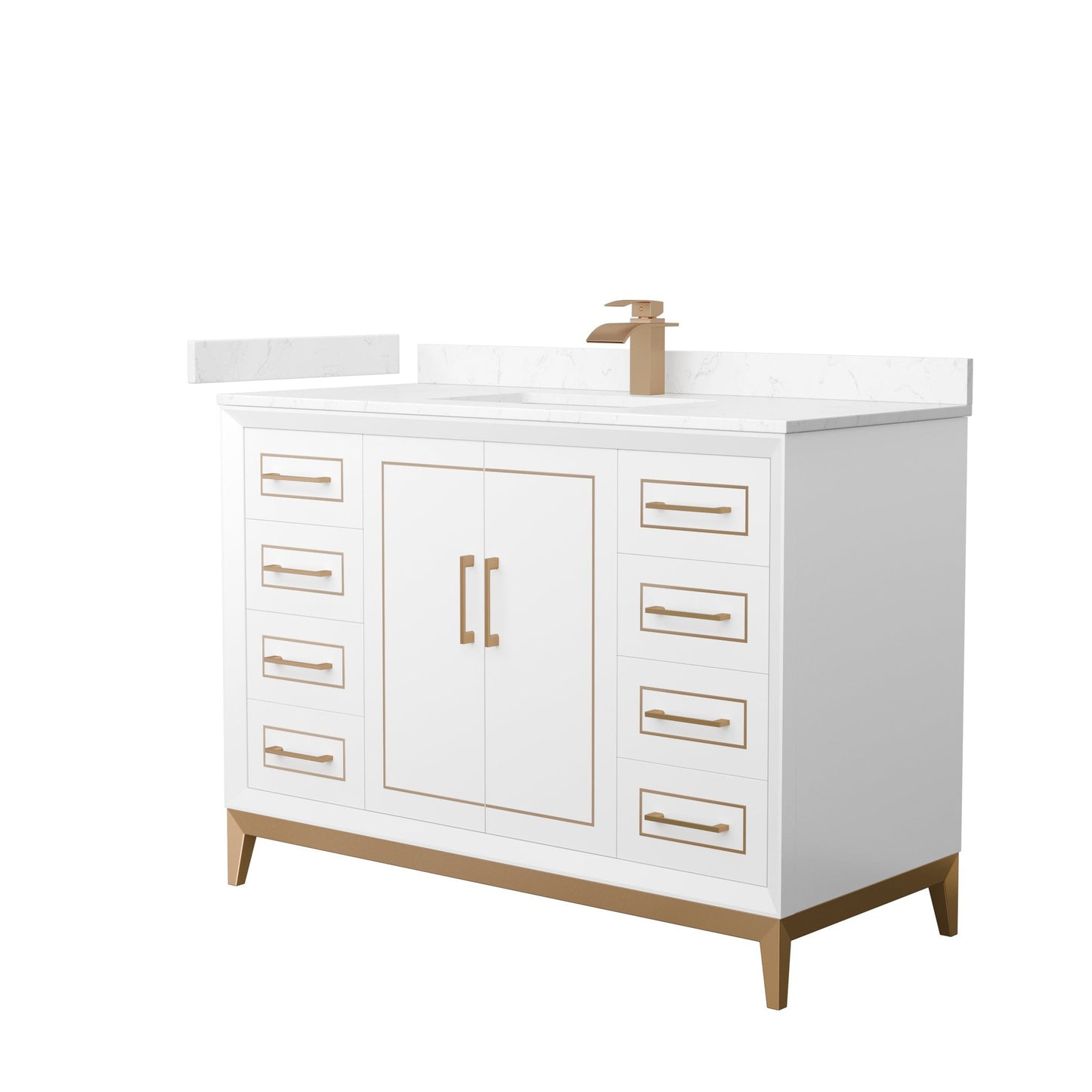 Wyndham Collection Marlena 48" Single Bathroom Vanity in White, Carrara Cultured Marble Countertop, Undermount Square Sink, Satin Bronze Trim