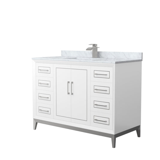 Wyndham Collection Marlena 48" Single Bathroom Vanity in White, White Carrara Marble Countertop, Undermount Square Sink, Brushed Nickel Trim