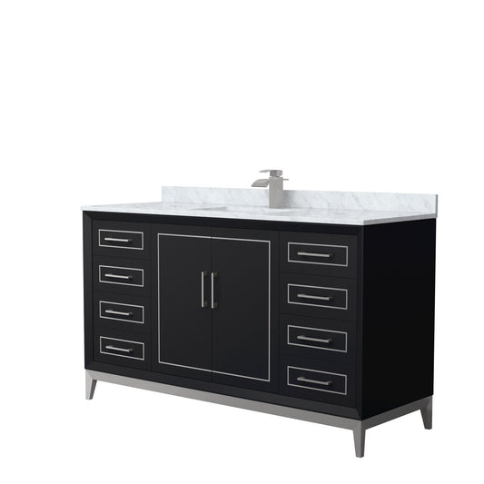 Wyndham Collection Marlena 60" Single Bathroom Vanity in Black, White Carrara Marble Countertop, Undermount Square Sink, Brushed Nickel Trim
