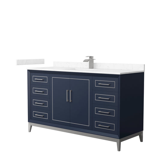 Wyndham Collection Marlena 60" Single Bathroom Vanity in Dark Blue, Carrara Cultured Marble Countertop, Undermount Square Sink, Brushed Nickel Trim