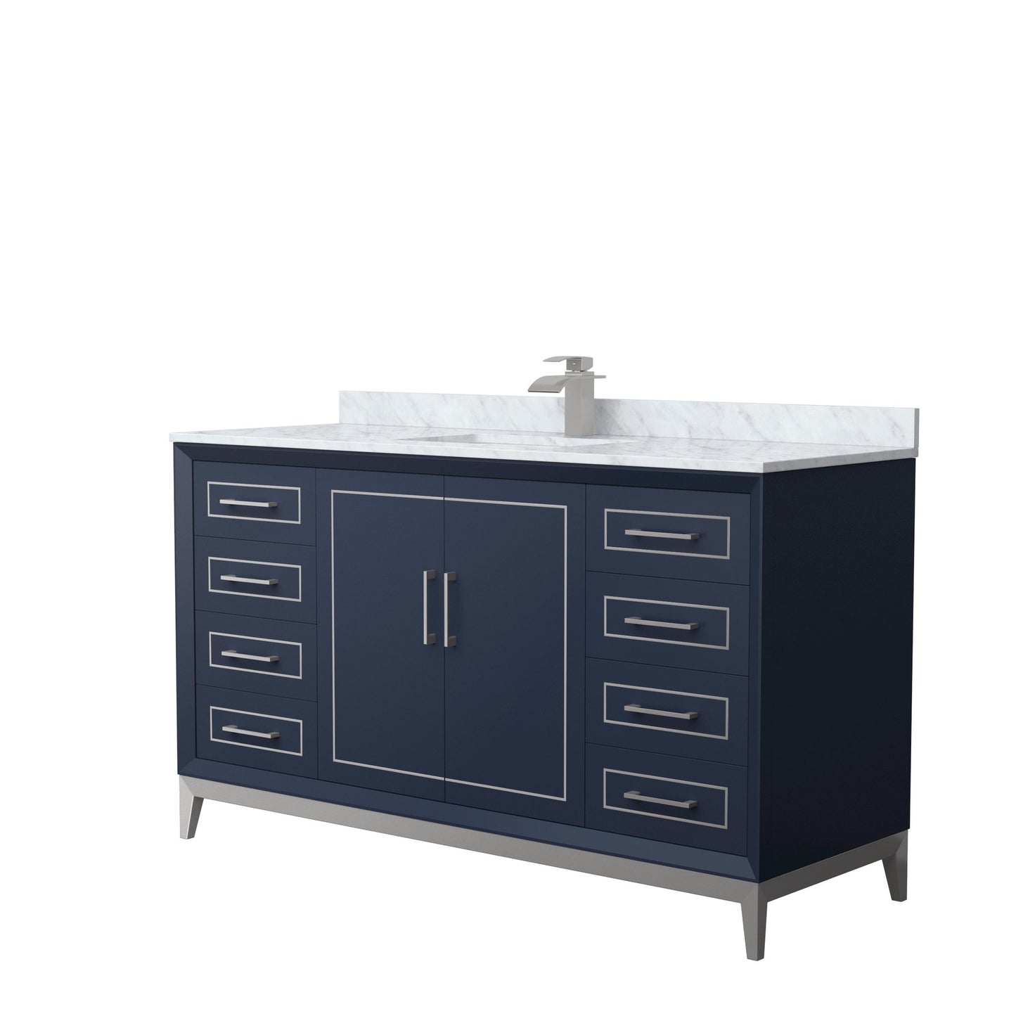 Wyndham Collection Marlena 60" Single Bathroom Vanity in Dark Blue, White Carrara Marble Countertop, Undermount Square Sink, Brushed Nickel Trim