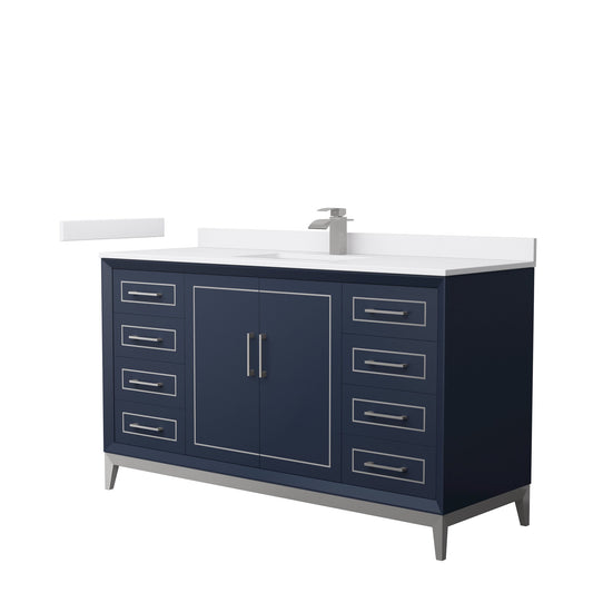 Wyndham Collection Marlena 60" Single Bathroom Vanity in Dark Blue, White Cultured Marble Countertop, Undermount Square Sink, Brushed Nickel Trim