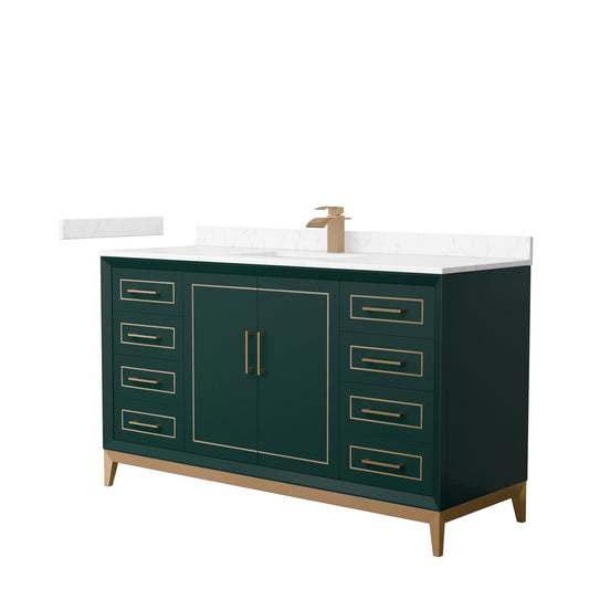 Wyndham Collection Marlena 60" Single Bathroom Vanity in Green, Carrara Cultured Marble Countertop, Undermount Square Sink, Satin Bronze Trim