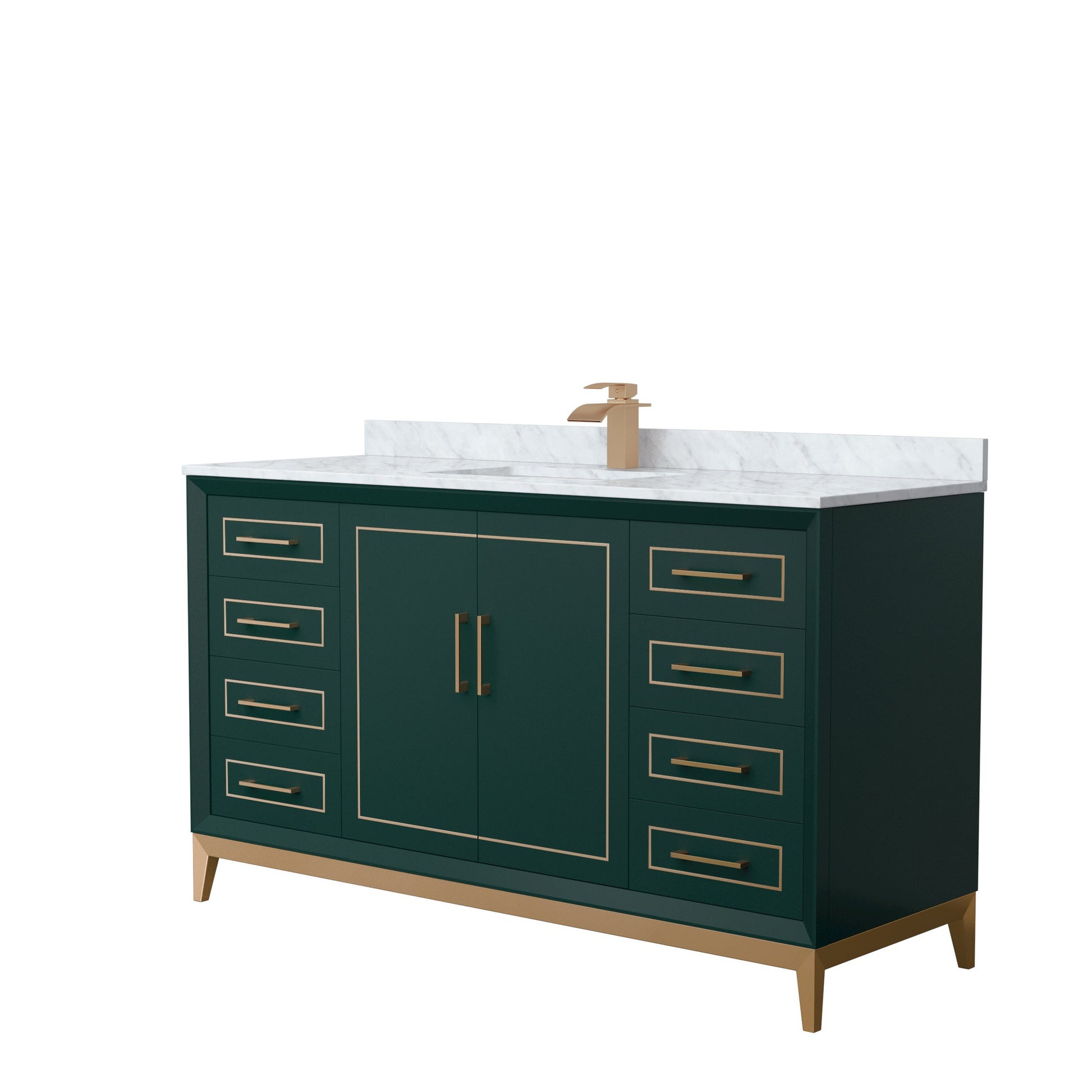 Wyndham Collection Marlena 60" Single Bathroom Vanity in Green, White Carrara Marble Countertop, Undermount Square Sink, Satin Bronze Trim