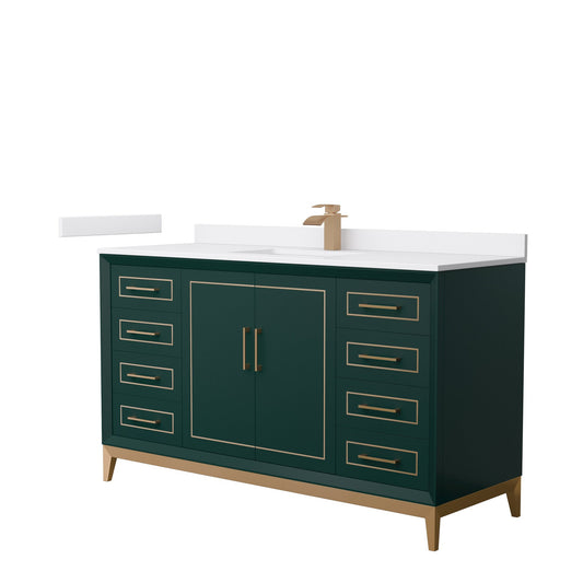 Wyndham Collection Marlena 60" Single Bathroom Vanity in Green, White Cultured Marble Countertop, Undermount Square Sink, Satin Bronze Trim