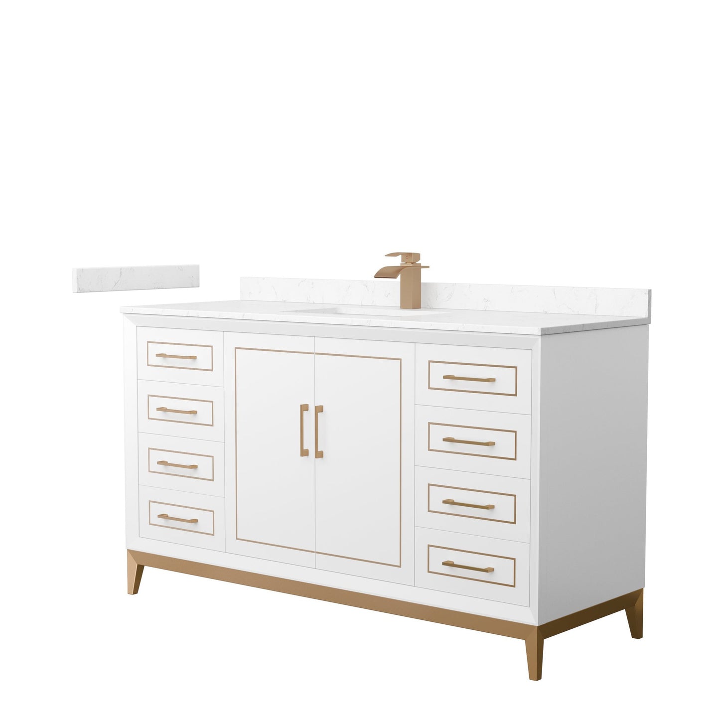 Wyndham Collection Marlena 60" Single Bathroom Vanity in White, Carrara Cultured Marble Countertop, Undermount Square Sink, Satin Bronze Trim