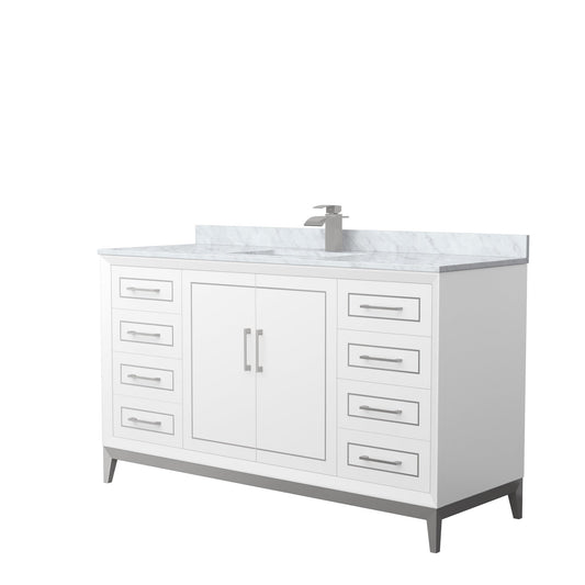 Wyndham Collection Marlena 60" Single Bathroom Vanity in White, White Carrara Marble Countertop, Undermount Square Sink, Brushed Nickel Trim