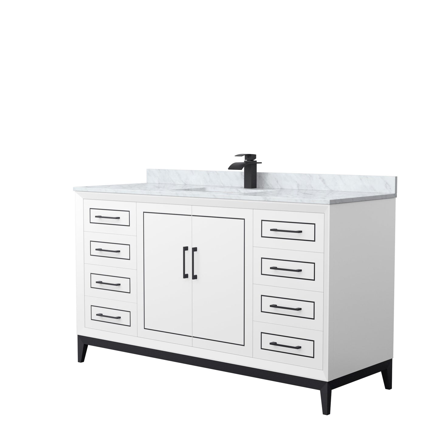 Wyndham Collection Marlena 60" Single Bathroom Vanity in White, White Carrara Marble Countertop, Undermount Square Sink, Matte Black Trim