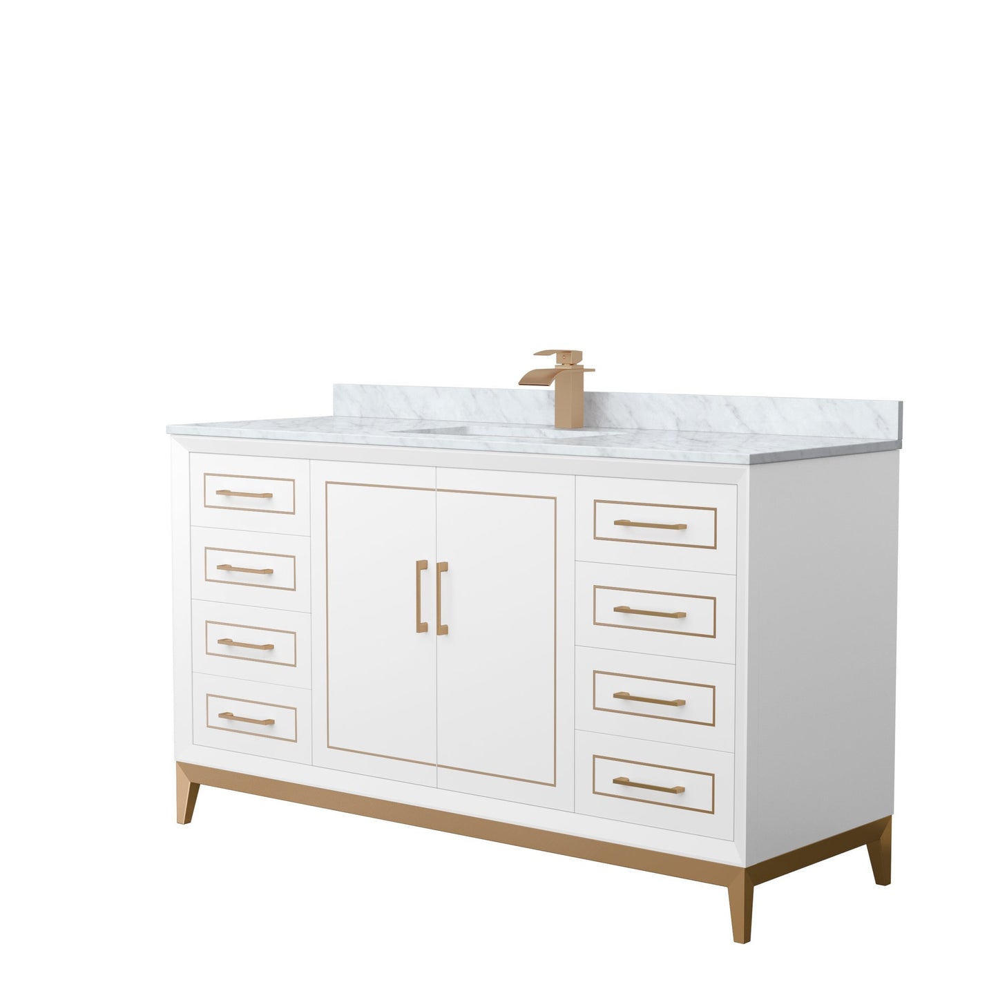 Wyndham Collection Marlena 60" Single Bathroom Vanity in White, White Carrara Marble Countertop, Undermount Square Sink, Satin Bronze Trim