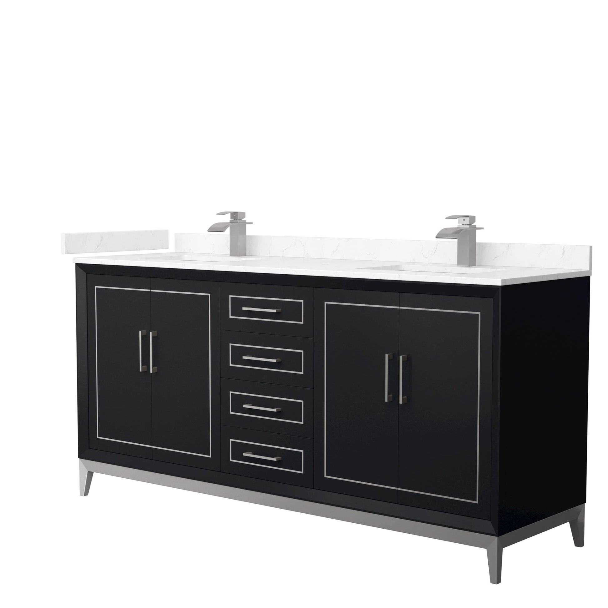 Wyndham Collection Marlena 72" Double Bathroom Vanity in Black, Carrara Cultured Marble Countertop, Undermount Square Sinks, Brushed Nickel Trim