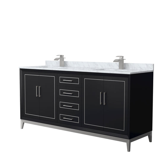 Wyndham Collection Marlena 72" Double Bathroom Vanity in Black, White Carrara Marble Countertop, Undermount Square Sinks, Brushed Nickel Trim