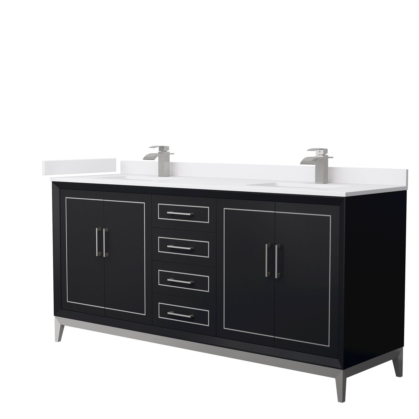 Wyndham Collection Marlena 72" Double Bathroom Vanity in Black, White Cultured Marble Countertop, Undermount Square Sinks, Brushed Nickel Trim