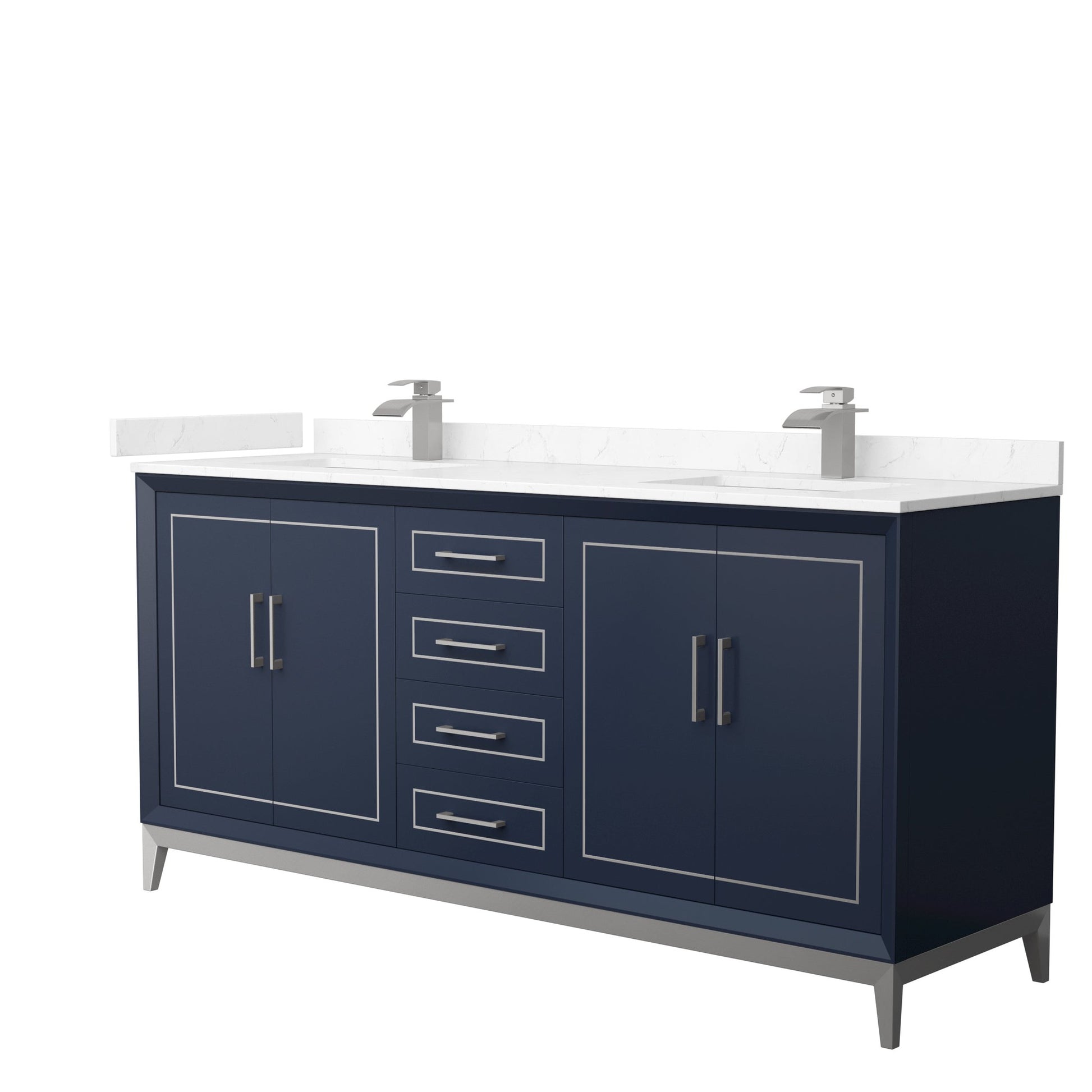 Wyndham Collection Marlena 72" Double Bathroom Vanity in Dark Blue, Carrara Cultured Marble Countertop, Undermount Square Sinks, Brushed Nickel Trim