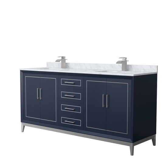 Wyndham Collection Marlena 72" Double Bathroom Vanity in Dark Blue, White Carrara Marble Countertop, Undermount Square Sinks, Brushed Nickel Trim