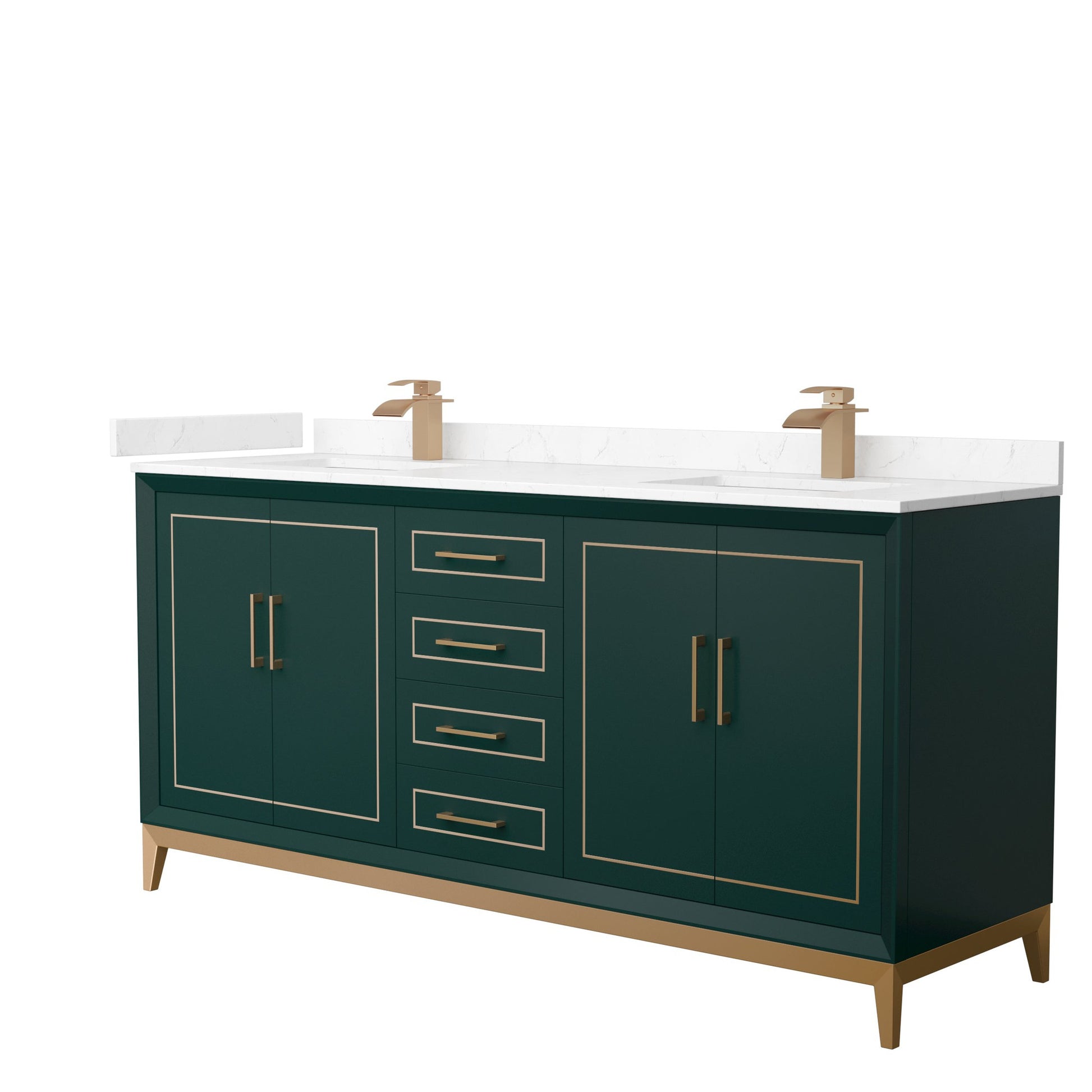 Wyndham Collection Marlena 72" Double Bathroom Vanity in Green, Carrara Cultured Marble Countertop, Undermount Square Sinks, Satin Bronze Trim