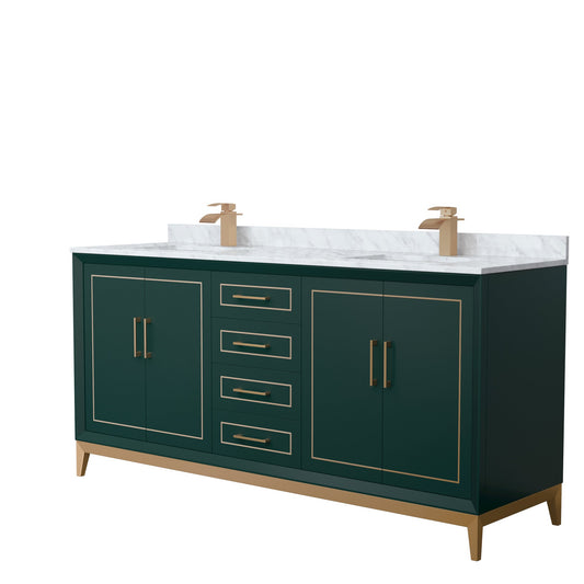 Wyndham Collection Marlena 72" Double Bathroom Vanity in Green, White Carrara Marble Countertop, Undermount Square Sinks, Satin Bronze Trim