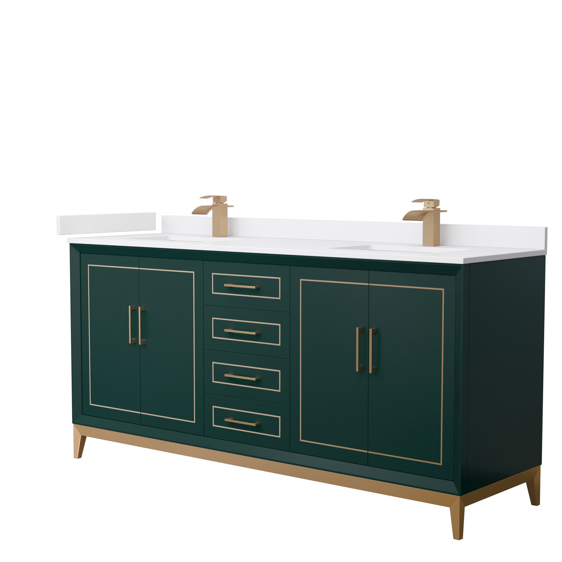 Wyndham Collection Marlena 72" Double Bathroom Vanity in Green, White Cultured Marble Countertop, Undermount Square Sinks, Satin Bronze Trim