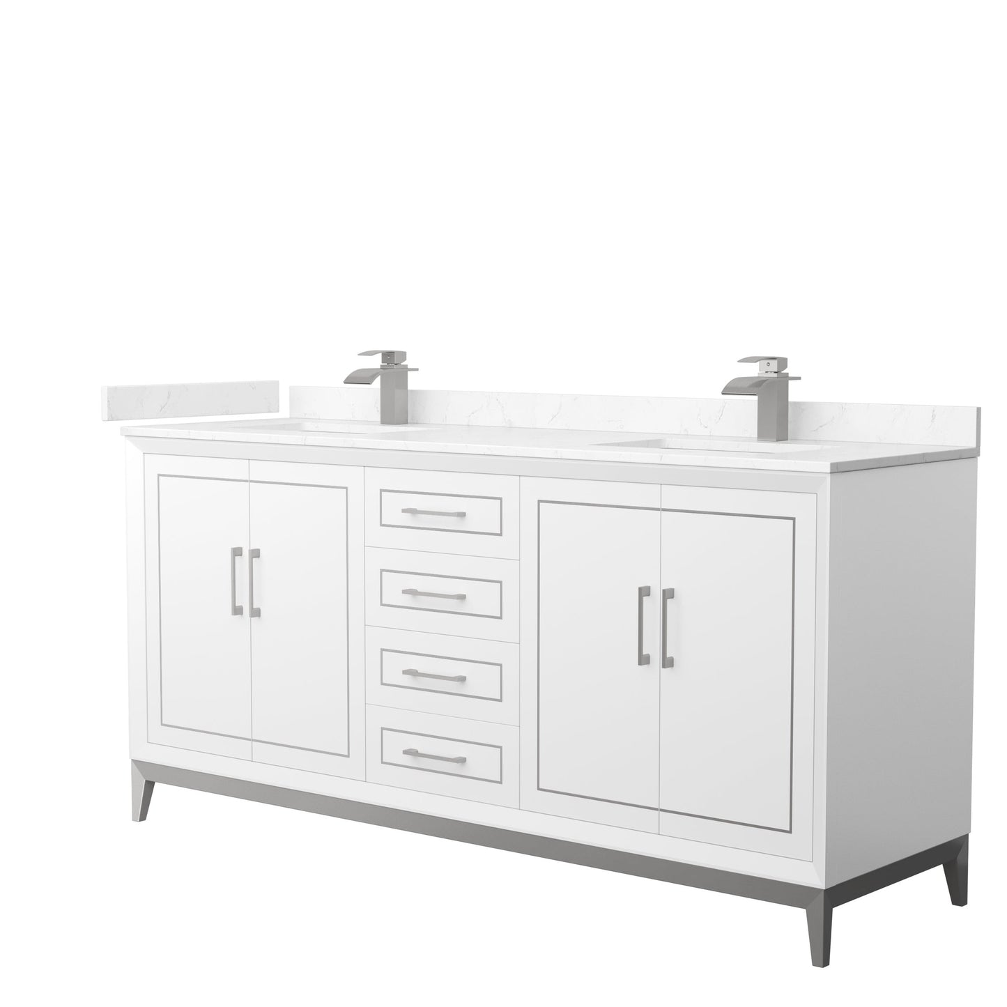 Wyndham Collection Marlena 72" Double Bathroom Vanity in White, Carrara Cultured Marble Countertop, Undermount Square Sinks, Brushed Nickel Trim