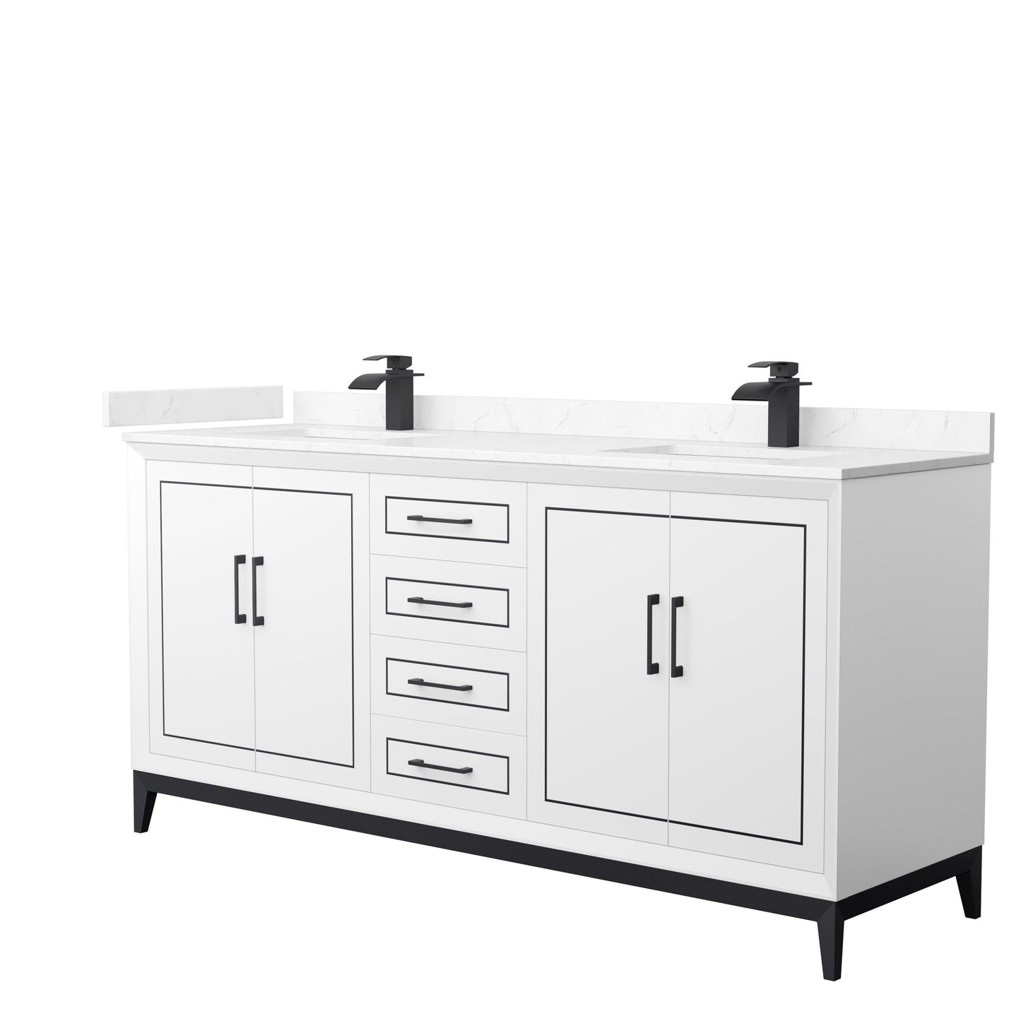 Wyndham Collection Marlena 72" Double Bathroom Vanity in White, Carrara Cultured Marble Countertop, Undermount Square Sinks, Matte Black Trim