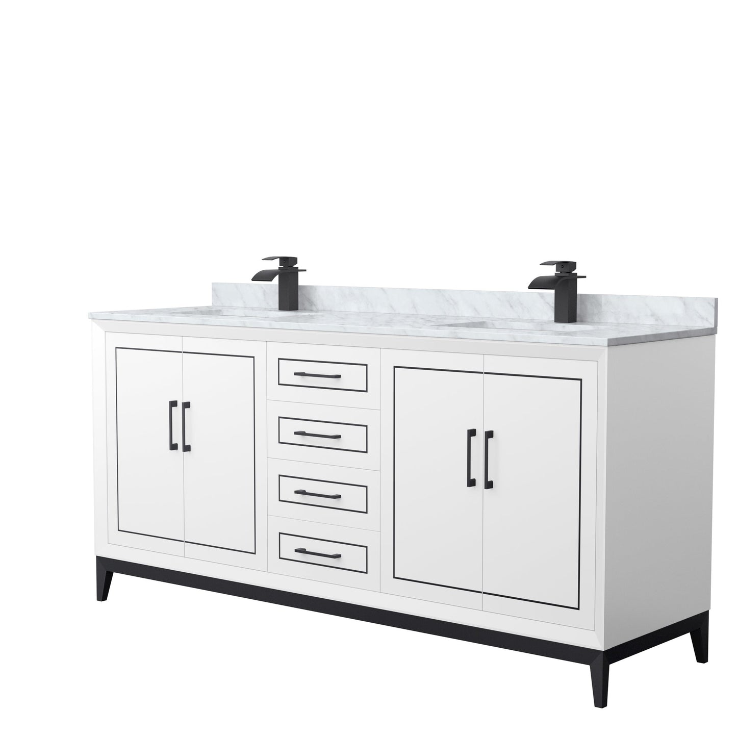 Wyndham Collection Marlena 72" Double Bathroom Vanity in White, White Carrara Marble Countertop, Undermount Square Sinks, Matte Black Trim