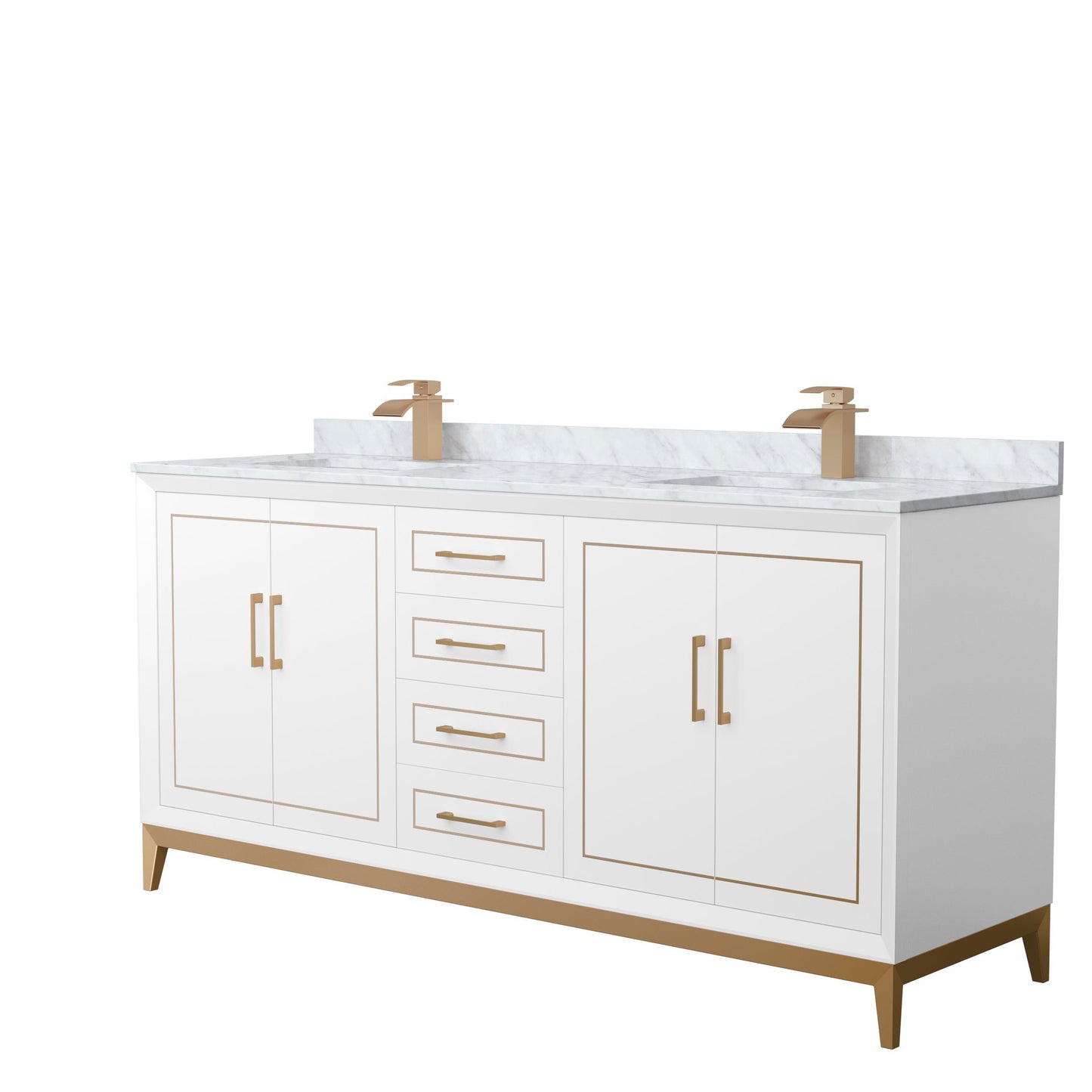 Wyndham Collection Marlena 72" Double Bathroom Vanity in White, White Carrara Marble Countertop, Undermount Square Sinks, Satin Bronze Trim
