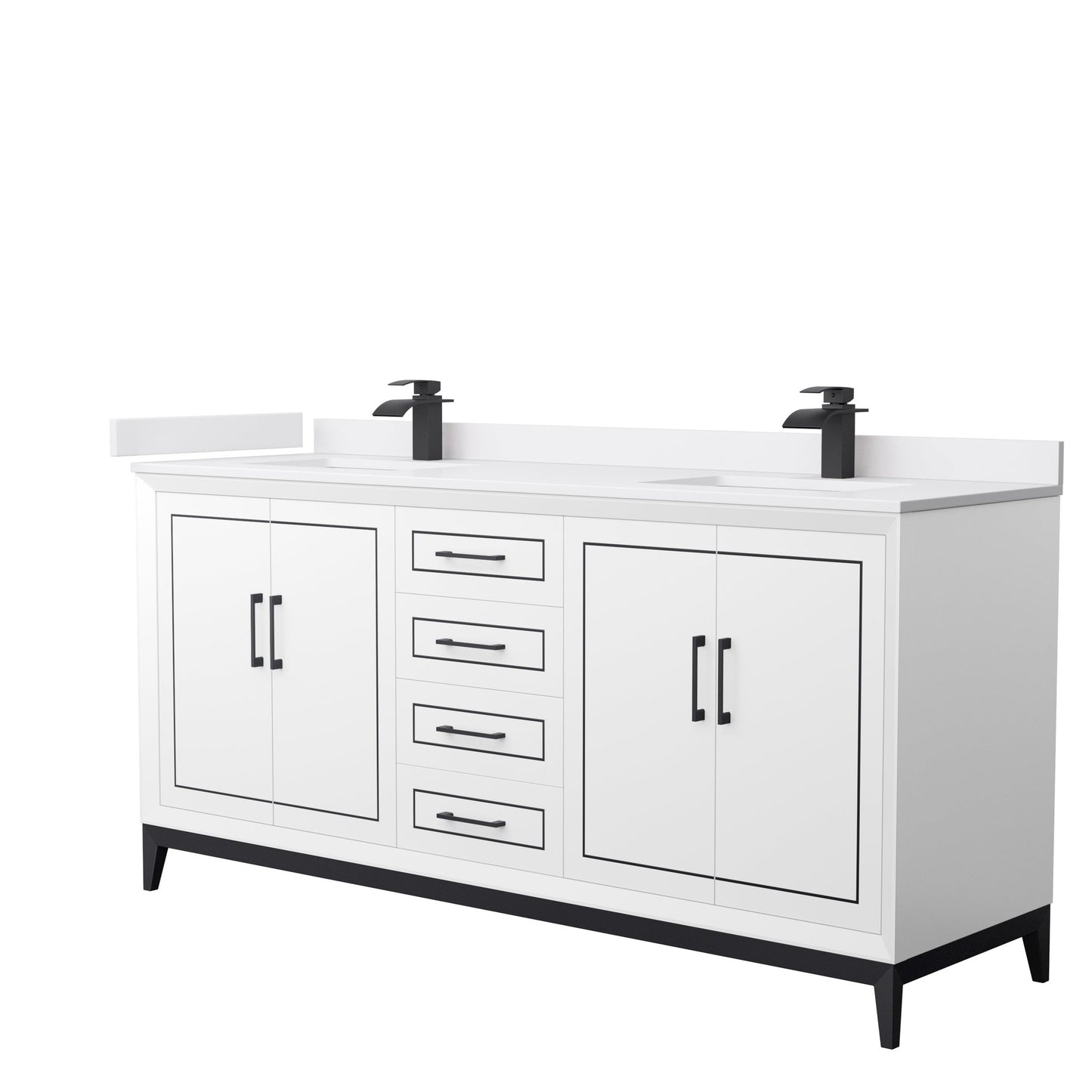 Wyndham Collection Marlena 72" Double Bathroom Vanity in White, White Cultured Marble Countertop, Undermount Square Sinks, Matte Black Trim