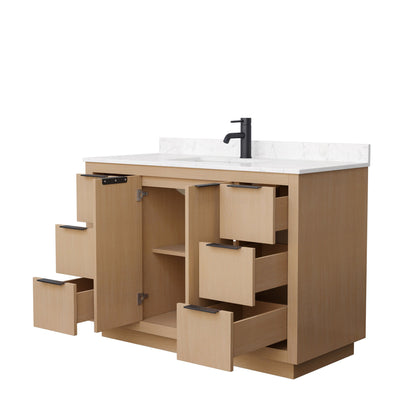 Wyndham Collection Maroni 48" Single Bathroom Vanity in Light Straw, Light-Vein Carrara Cultured Marble Countertop, Undermount Square Sink, Matte Black Trim