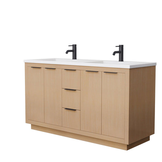 Wyndham Collection Maroni 60" Double Bathroom Vanity in Light Straw, 1.25" Thick Matte White Solid Surface Countertop, Integrated Sinks, Matte Black Trim