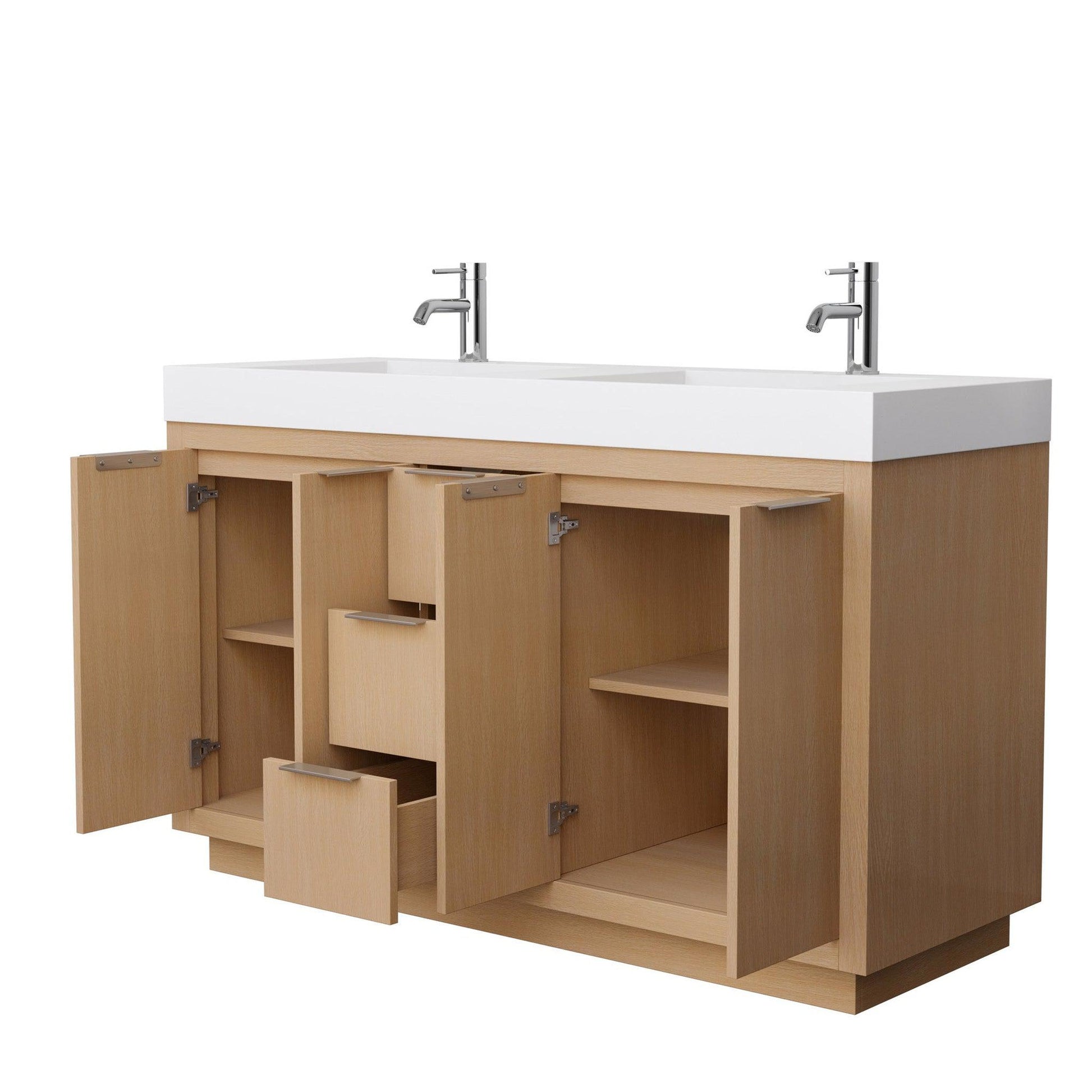Wyndham Collection Maroni 60" Double Bathroom Vanity in Light Straw, 4" Thick Matte White Solid Surface Countertop, Integrated Sinks